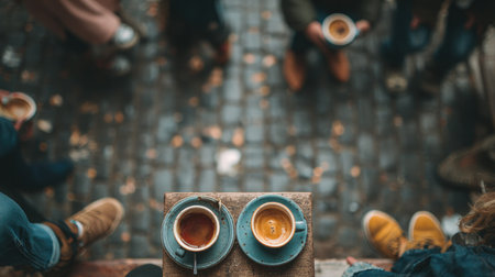 Two warm coffee cups rest on a rustic table, surrounded by autumn leaves and friends enjoying a cozy outdoor gathering in a relaxed atmosphere.の素材