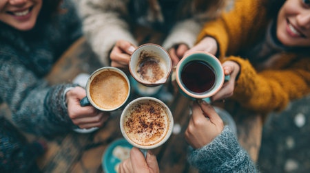 A joyful gathering of friends showcases vibrant mugs filled with warm drinks in an inviting outdoor setting, radiating warmth and happiness.の素材