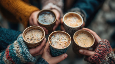 A delightful scene of friends gathering outdoors, each holding a warm cup of coffee in cozy sweaters, capturing the essence of togetherness and warmth in chilly weather.の素材
