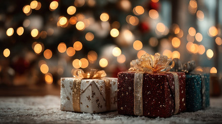 A captivating scene featuring beautifully wrapped holiday gifts nestled on a soft surface, illuminated by warm Christmas lights, creating a joyful and festive ambiance perfect for winter celebrations.の素材