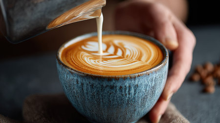 A skilled barista pours cream into a coffee cup, creating intricate latte art. The inviting cafの素材