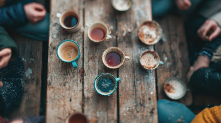 A heartwarming scene of friends gathered around a rustic wooden table with various cups of hot beverages, showcasing a cozy and inviting atmosphere.の素材