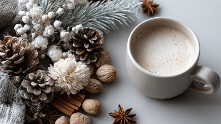 A cozy winter scene featuring a warm coffee mug surrounded by pinecones, nuts, and decorative elements, embodying seasonal charm and comfort.の素材