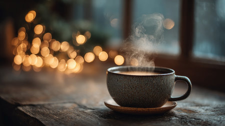 A warm cup of coffee sits on a wooden table, steam rising gently, with soft bokeh lights in the background, creating a cozy and inviting atmosphere perfect for relaxation.の素材