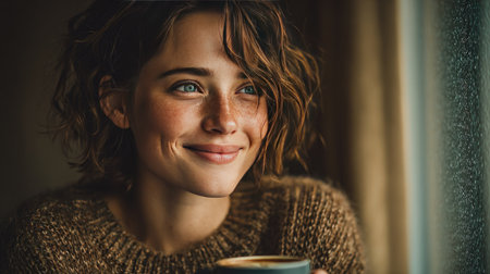 A young woman sits by a rainy window, smiling as she holds a warm beverage, creating a cozy, peaceful atmosphere filled with comfort and joy.の素材