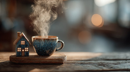 A charming composition featuring a steaming cup of coffee placed next to a delightful miniature house on a rustic wooden table. This image evokes a sense of warmth and comfort, perfect for conveying a cozy lifestyle atmosphere. Ideal for home decor or coffee-related themes.の素材