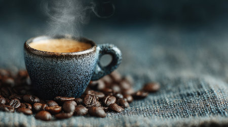 A steaming cup of espresso sits atop a bed of coffee beans, surrounded by a soft, textured background that evokes a cozy atmosphere. Perfect for coffee lovers.の素材