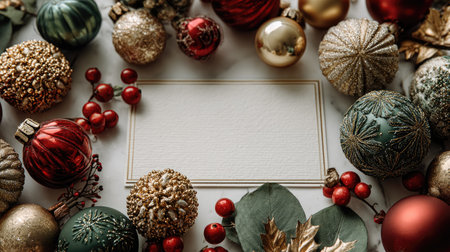A stunning arrangement of Christmas ornaments in various colors surrounds a blank card, perfect for holiday greetings. The elegant display on marble creates a festive atmosphere.の素材