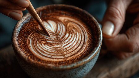 This exquisite close-up shows latte art in a rustic mug, capturing intricate patterns created with foam, evoking warmth and relaxation in a cozy setting.の素材