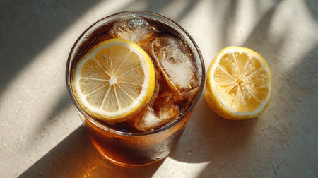 Enjoy a delightful glass of cold beverage featuring ice and lemon slices, perfectly illuminated by sunlight, capturing a refreshing summer vibe.の素材