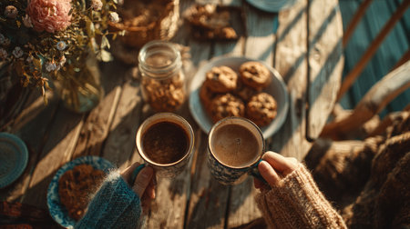 Two hands hold mugs of steaming coffee, surrounded by cookies and flowers on a rustic table, creating a cozy atmosphere perfect for relaxation.の素材