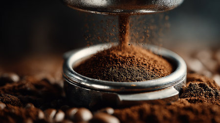 Close-up view of freshly ground coffee pouring from a portafilter, surrounded by whole coffee beans, capturing the rich aroma and cozy atmosphere of cafの素材