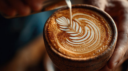 This stunning close-up captures the delicate art of latte pouring, showcasing intricate designs in warm hues. A cozy coffee shop vibe enhances the experience.の素材