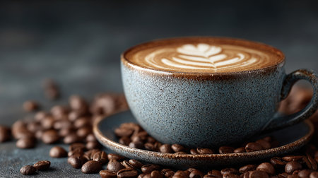 A beautifully crafted coffee cup featuring latte art sits elegantly on a dark surface, surrounded by roasted coffee beans, creating a cozy ambiance.の素材