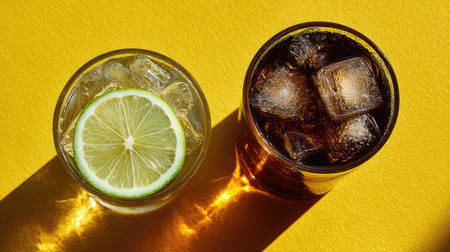 This vibrant image captures a refreshing citrus drink with ice alongside a dark beverage, illuminating the colors and textures against a bright yellow background.の素材