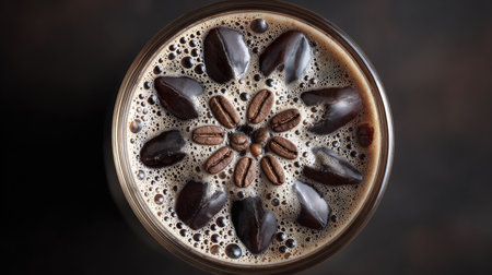 This detailed close-up image captures a creative arrangement of coffee beans and foam in a glass, creating an artistic design.の素材