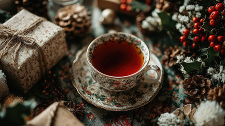 A beautiful tea cup filled with rich tea sits amidst holiday decorations, creating a warm and inviting scene perfect for winter gatherings.の素材