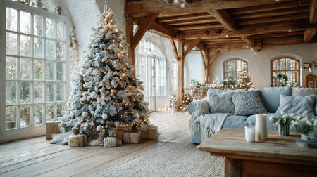 A beautifully decorated living room showcasing a frosted Christmas tree and warm lighting, perfect for creating a festive atmosphere during the winter season.の素材