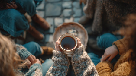 A warm and inviting scene depicts friends gathered outdoors, sharing moments with coffee in hand, surrounded by nature's beauty and soft textures.の素材