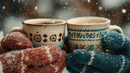 A heartwarming winter scene featuring two hands clad in colorful knit mittens holding warm cups filled with a hot beverage. Snowflakes gently fall around them, creating an atmosphere of warmth and comfort perfect for sharing cozy moments during the cold season. Perfect for conveying the feelings of togetherness and joy in winter.の素材