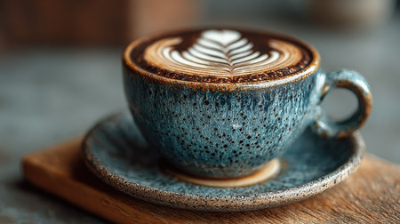 A stunning blue coffee cup featuring exquisite latte art sits elegantly on a wooden surface, creating a serene and inviting atmosphere for coffee lovers.の素材