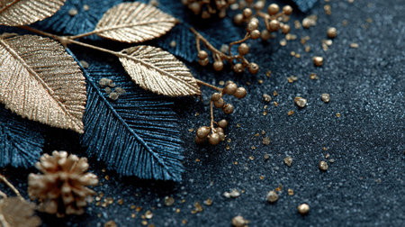 This captivating image features a beautiful arrangement of golden and blue leaves, interspersed with decorative elements on a dark background, ideal for festive themes.の素材