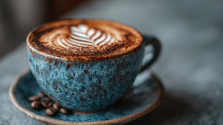 A stunning blue ceramic coffee cup filled with rich latte art featuring a leaf design, placed on a rustic table with coffee beans nearby.の素材