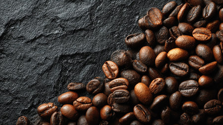 A detailed close-up of assorted coffee beans scattered over a dark stone surface. This image captures the essence of flavor and aroma ideal for culinary and beverage themes.の素材