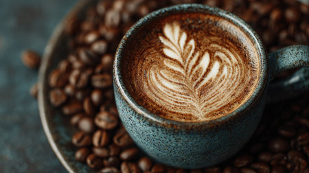 A stunning cup of coffee featuring intricate latte art, placed on a plate of raw coffee beans. The rich textures and warm colors create an inviting atmosphere perfect for coffee enthusiasts.の素材