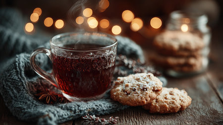 This inviting scene features a steaming cup of tea paired with freshly baked cookies, set on a warm knit scarf. Soft lights and a rustic background create a cozy atmosphere perfect for relaxation.の素材