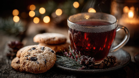 A warm cup of tea sits next to freshly baked cookies on a rustic wooden table, surrounded by natural decorations and inviting golden lights, creating a cozy atmosphere perfect for relaxation and enjoyment.の素材