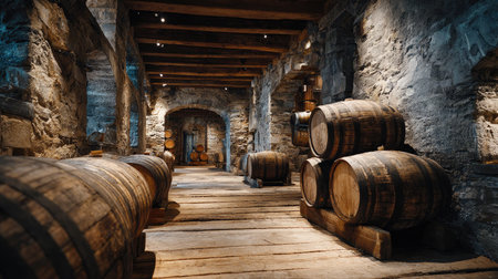 Explore a vintage winery cellar featuring wooden barrels and stone walls, showcasing rustic charm with dim lighting and timeless design elements.の素材