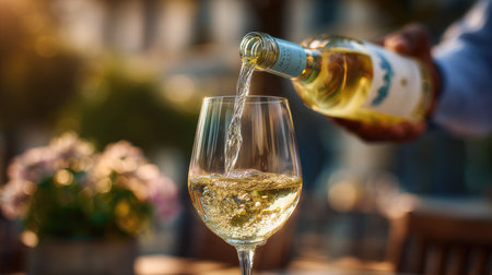 A serene moment captures the pouring of white wine into a glass during a beautiful sunset on an outdoor patio, surrounded by blooming flowers and a warm ambiance.の素材