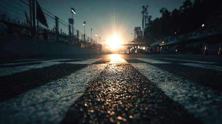 This stunning image captures the essence of a motorsport event at sunset, focusing on the textured asphalt and bold stripes of the racing track.の素材