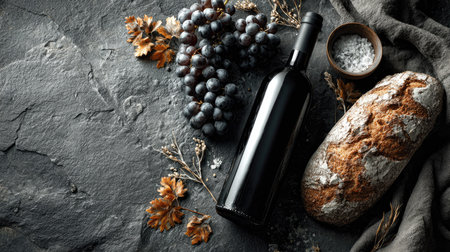 A beautifully arranged still life featuring a dark wine bottle, rustic bread, fresh grapes, and delicate foliage on a textured gray stone background, ideal for culinary themes.の素材