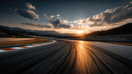 Captivating sunset view at a racing circuit with a smooth curved track, vibrant colors in the sky, and mountains in the distance.の素材