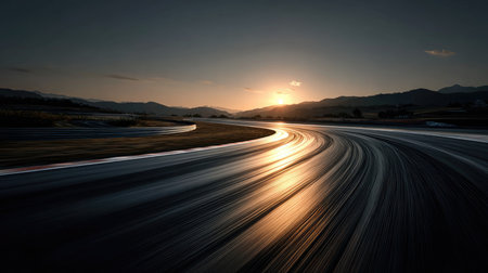 A captivating sunset casts warm hues over a curved race track, highlighting the glossy asphalt and distant mountains, evoking a sense of speed and adventure.の素材