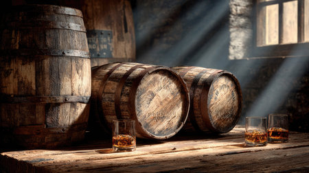 A serene scene showcases aged wooden barrels in a rustic distillery, warm sunlight filtering through, highlighting whiskey glasses and creating inviting shadows.の素材