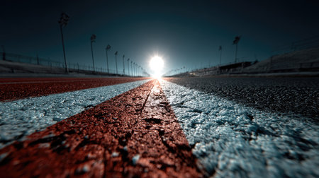 A stunning close-up shot of a frost-covered race track, featuring vibrant red stripes and a bright sun on the horizon, creating a captivating winter scene.の素材