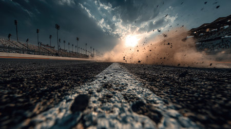 A captivating view of a racing track with dust and debris flying as the sun sets, capturing the energy and excitement of high-speed vehicle action.の素材