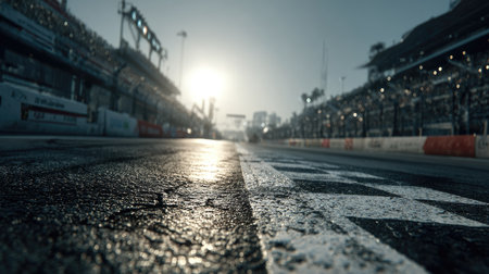 Captivating view of a race track at sunset, showcasing the checkered finish line and a vibrant crowd in the background, evoking excitement and energy.の素材