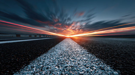 A captivating view of an open highway stretches toward a vivid sunset, showcasing brilliant colors in the sky while capturing a sense of motion and adventure.の素材
