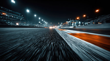 Capturing the essence of speed, this nighttime race track image features motion blur and vibrant lights, perfect for conveying excitement and energy.の素材