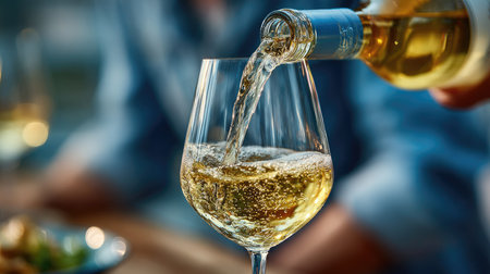 A close-up scene capturing the moment of pouring white wine into an elegant glass, highlighting bubbles and sparkle, perfect for celebration settings.の素材
