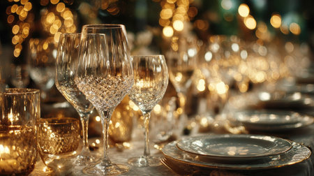 A beautifully arranged table featuring sparkling crystal glasses and warm golden lights, perfect for festive celebrations, romantic dinners, or holiday gatherings.の素材