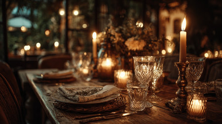 This enchanting candlelit dinner setting showcases elegant decor and soft ambient lighting, creating a romantic and cozy atmosphere perfect for special occasions.の素材