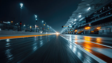 A captivating view of a modern race track at night, showcasing reflections on the wet asphalt. Bright stadium lights illuminate the scene, creating an energetic atmosphere.の素材