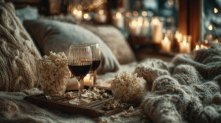 A cozy evening scene featuring glasses of wine and popcorn arranged on a tray, surrounded by flickering candles, creating a warm and inviting atmosphere ideal for relaxation and enjoyment.の素材
