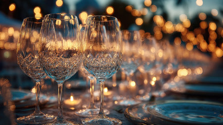 A beautifully arranged dining table featuring crystal wine glasses illuminated by soft bokeh lights, creating a magical and elegant atmosphere for any occasion.の素材