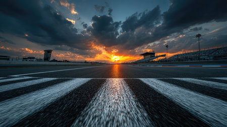 A stunning view of a racing track at sunset, featuring bold striped asphalt lines and a dramatic sky filled with clouds. Perfect for sports-themed projects.の素材